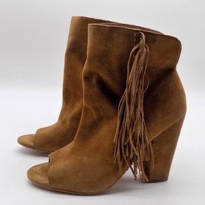 Dolce Vita Lotus Fringe Western Ankle Boots Saddle Tan Sz 8 Suede Heel Peep Toe